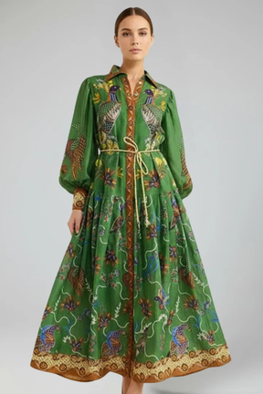 Thea | Women Long Sleeve V Neck Printed Tiered Maxi Dress