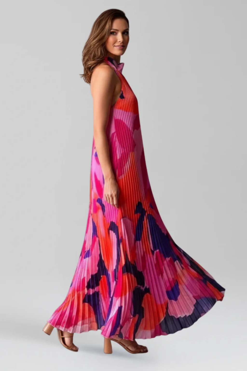Cordelia | Women Printed Pleated Halter Neck Wedding Guest Maxi Dress