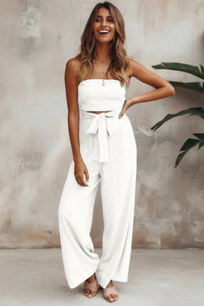 Lyra | Women Strapless Bandeau Crop Top and High Waist Wide Leg Trousers Set