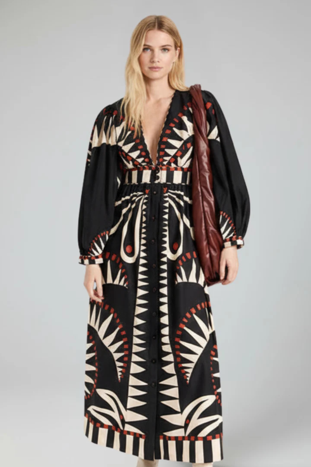 Thea | Women Long Sleeve V Neck Printed Tiered Maxi Dress