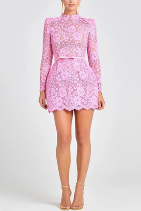 Florrie | Women High Neck Long Sleeve Floral Lace Mini Dress with Belt