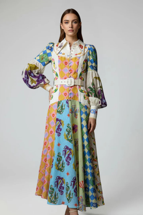 Thea | Women Long Sleeve V Neck Printed Tiered Maxi Dress