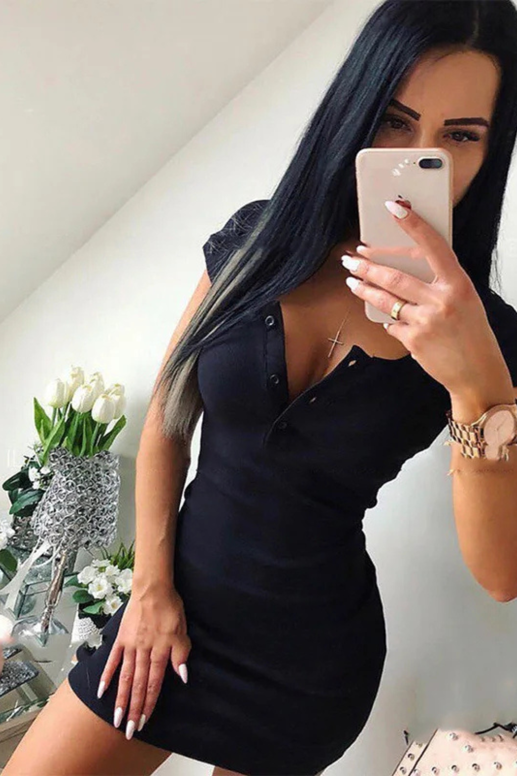 Niamh | Women Ribbed Knit Bodycon Mini Dress with Button Detail