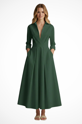 Suzan | Women Collared Button Front Fitted Waist Midi Dress