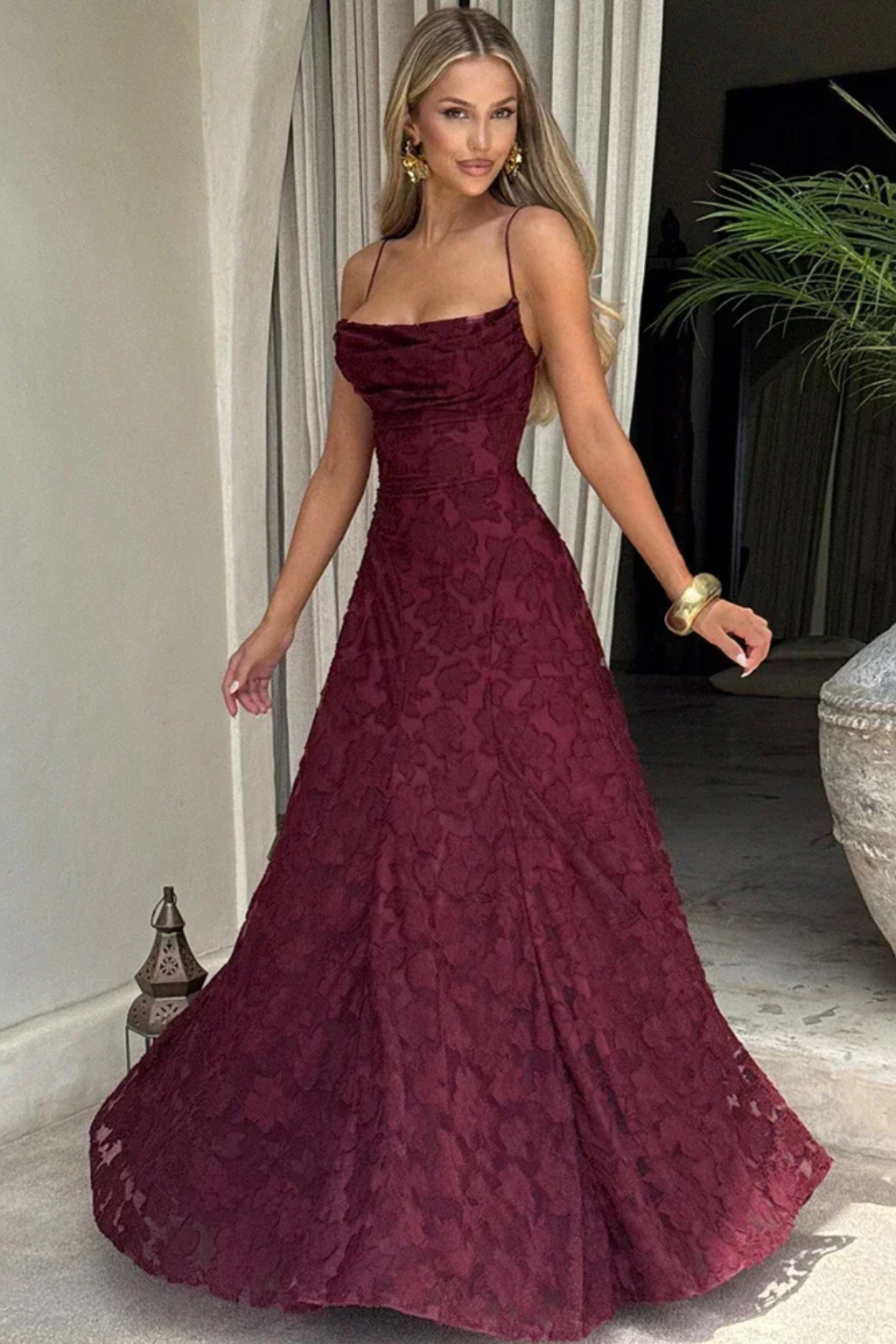 Rose | Women Spaghetti Strap Lace Up Backless Floral Jacquard Formal Maxi Dress