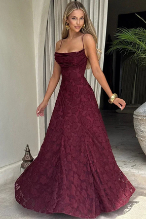 Rose | Women Spaghetti Strap Lace Up Backless Floral Jacquard Formal Maxi Dress