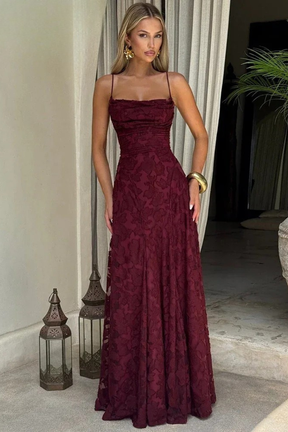 Rose | Women Spaghetti Strap Lace Up Backless Floral Jacquard Formal Maxi Dress