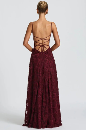 Rose | Women Spaghetti Strap Lace Up Backless Floral Jacquard Formal Maxi Dress