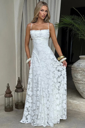 Rose | Women Spaghetti Strap Lace Up Backless Floral Jacquard Formal Maxi Dress