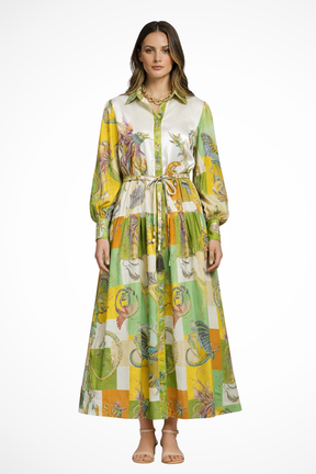 Thea | Women Long Sleeve V Neck Printed Tiered Maxi Dress