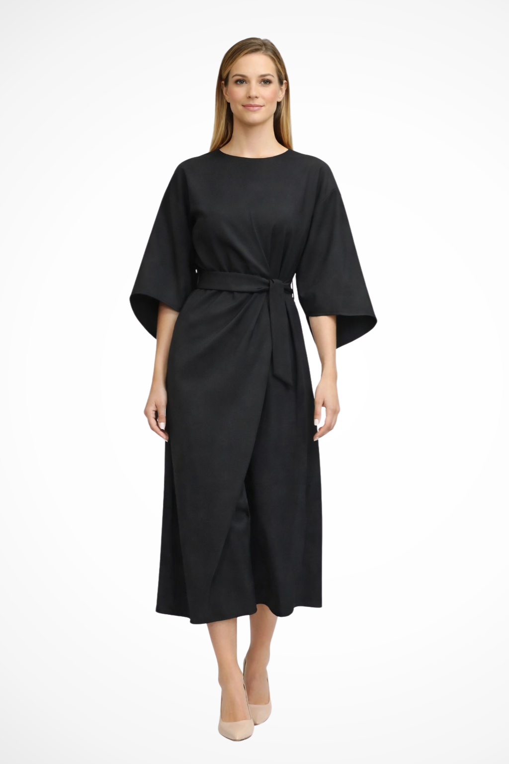 Valeria | Women’s Belted Lantern Sleeve Midi Dress
