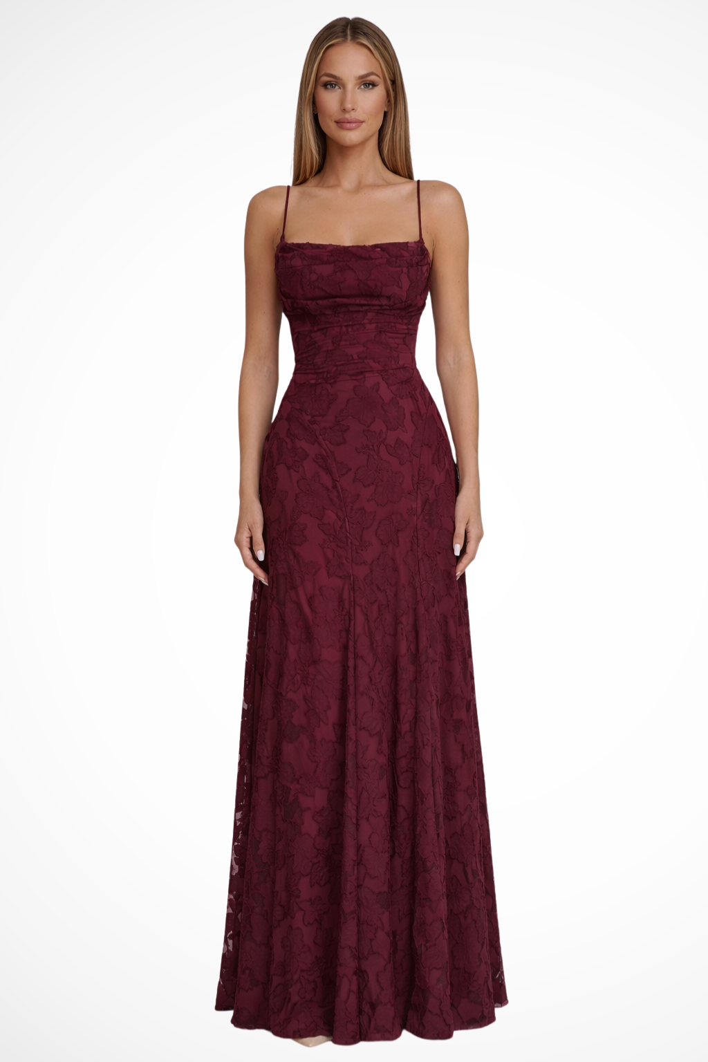 Rose | Women Spaghetti Strap Lace Up Backless Floral Jacquard Formal Maxi Dress
