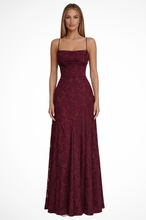 Rose | Women Spaghetti Strap Lace Up Backless Floral Jacquard Formal Maxi Dress