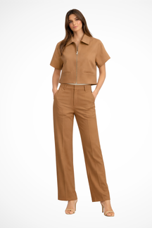 Elvona | Women Short Sleeve Zip Front Two Piece Set with Wide Leg Trousers
