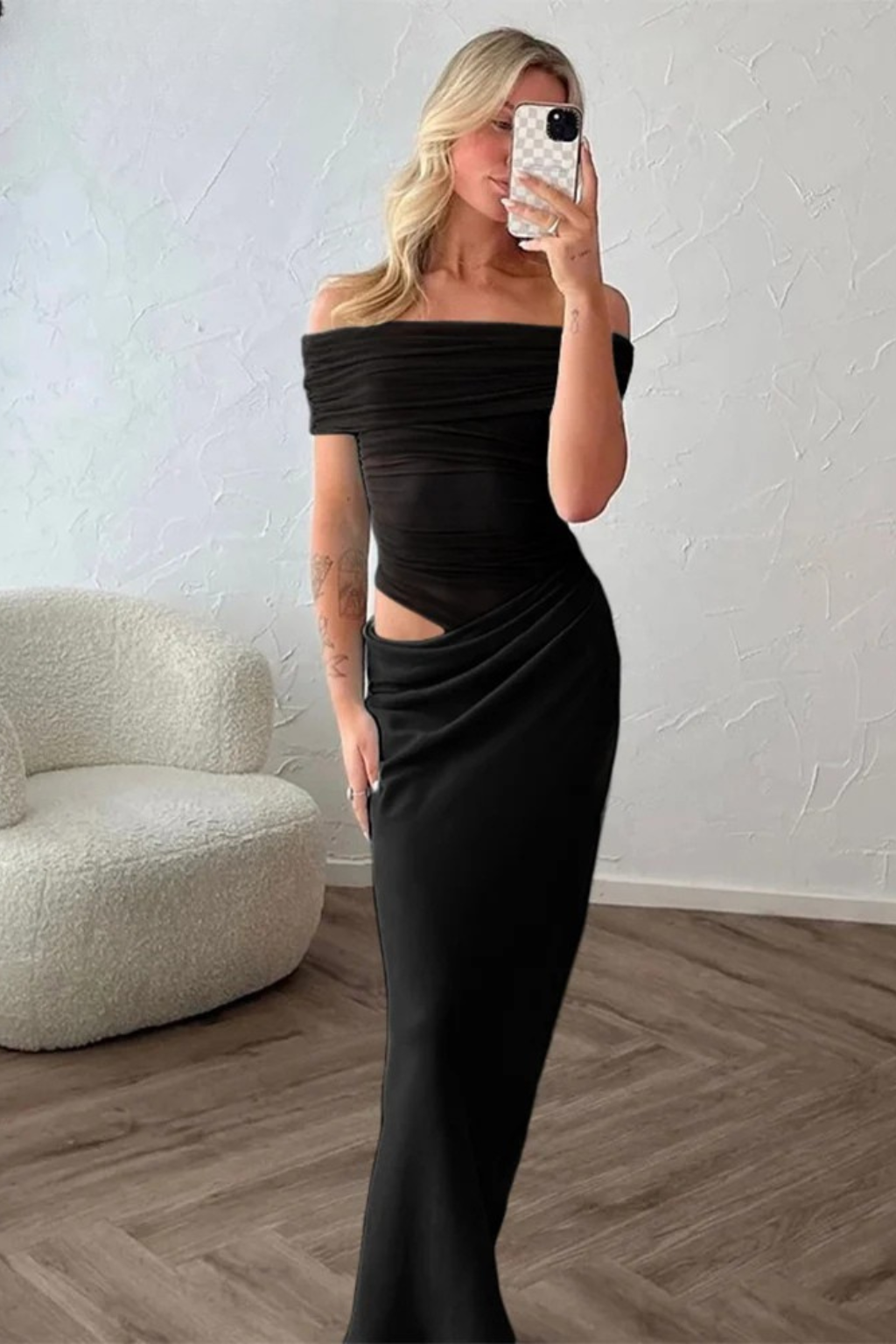 Faith | Women Off Shoulder Ruched Mesh Bodycon Wedding Guest Maxi Dress