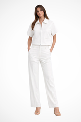 Elvona | Women Short Sleeve Zip Front Two Piece Set with Wide Leg Trousers