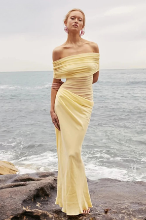 Faith | Women Off Shoulder Ruched Mesh Bodycon Wedding Guest Maxi Dress