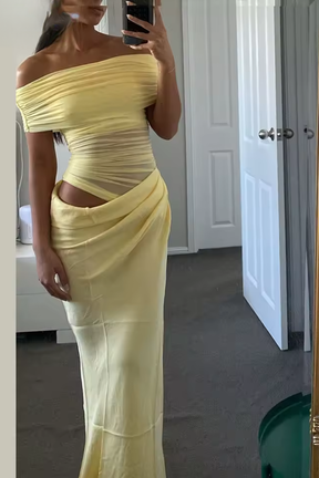 Faith | Women Off Shoulder Ruched Mesh Bodycon Wedding Guest Maxi Dress