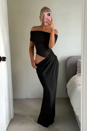 Faith | Women Off Shoulder Ruched Mesh Bodycon Wedding Guest Maxi Dress