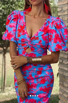 Sophia | Women Printed Puff Sleeve Occasion Summer Midi Dress