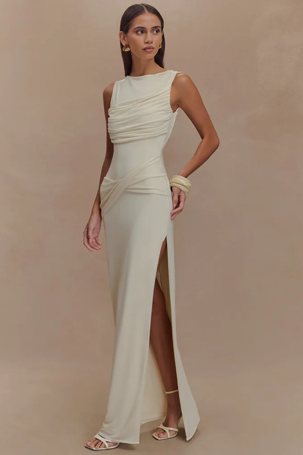 Ines | Women Round Neck Sleeveless Ruched Backless Slit Baby Shower Maxi Dress