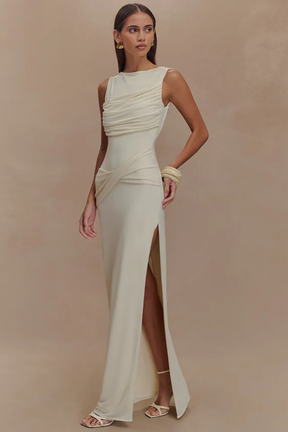 Ines | Women Round Neck Sleeveless Ruched Backless Slit Baby Shower Maxi Dress