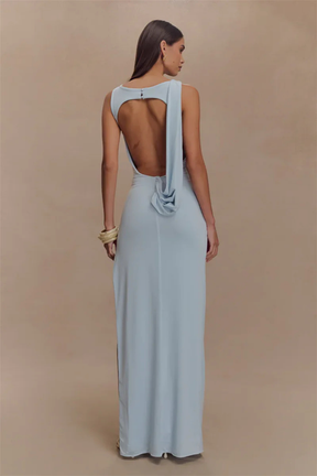 Ines | Women Round Neck Sleeveless Ruched Backless Slit Baby Shower Maxi Dress