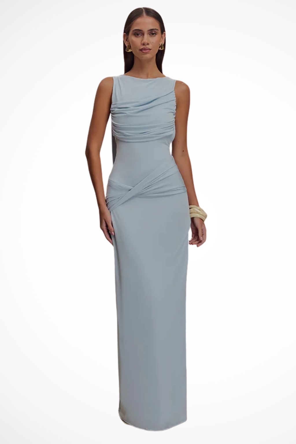 Ines | Women Round Neck Sleeveless Ruched Backless Slit Baby Shower Maxi Dress