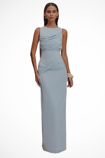 Ines | Women Round Neck Sleeveless Ruched Backless Slit Baby Shower Maxi Dress