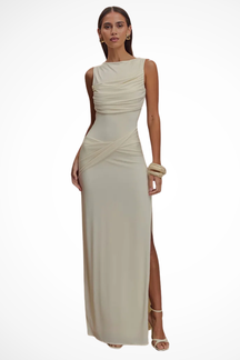 Ines | Women Round Neck Sleeveless Ruched Backless Slit Baby Shower Maxi Dress