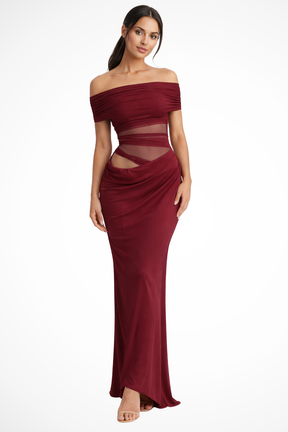 Faith | Women Off Shoulder Ruched Mesh Bodycon Wedding Guest Maxi Dress