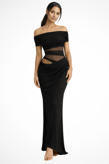 Faith | Women Off Shoulder Ruched Mesh Bodycon Wedding Guest Maxi Dress