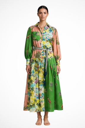 Thea | Women Long Sleeve V Neck Printed Tiered Maxi Dress