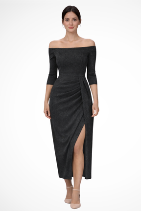 Mirelle | Women’s Off Shoulder Ruched Midi Wedding Guest Dress with Front Slit
