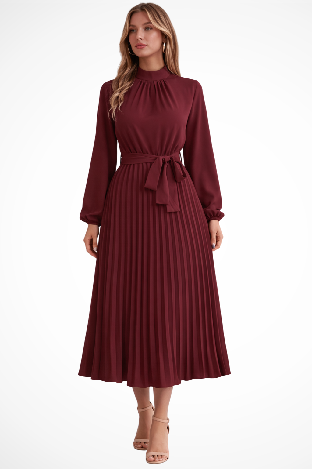 Harriet | Women’s Long Sleeve Pleated Midi Dress with Belt