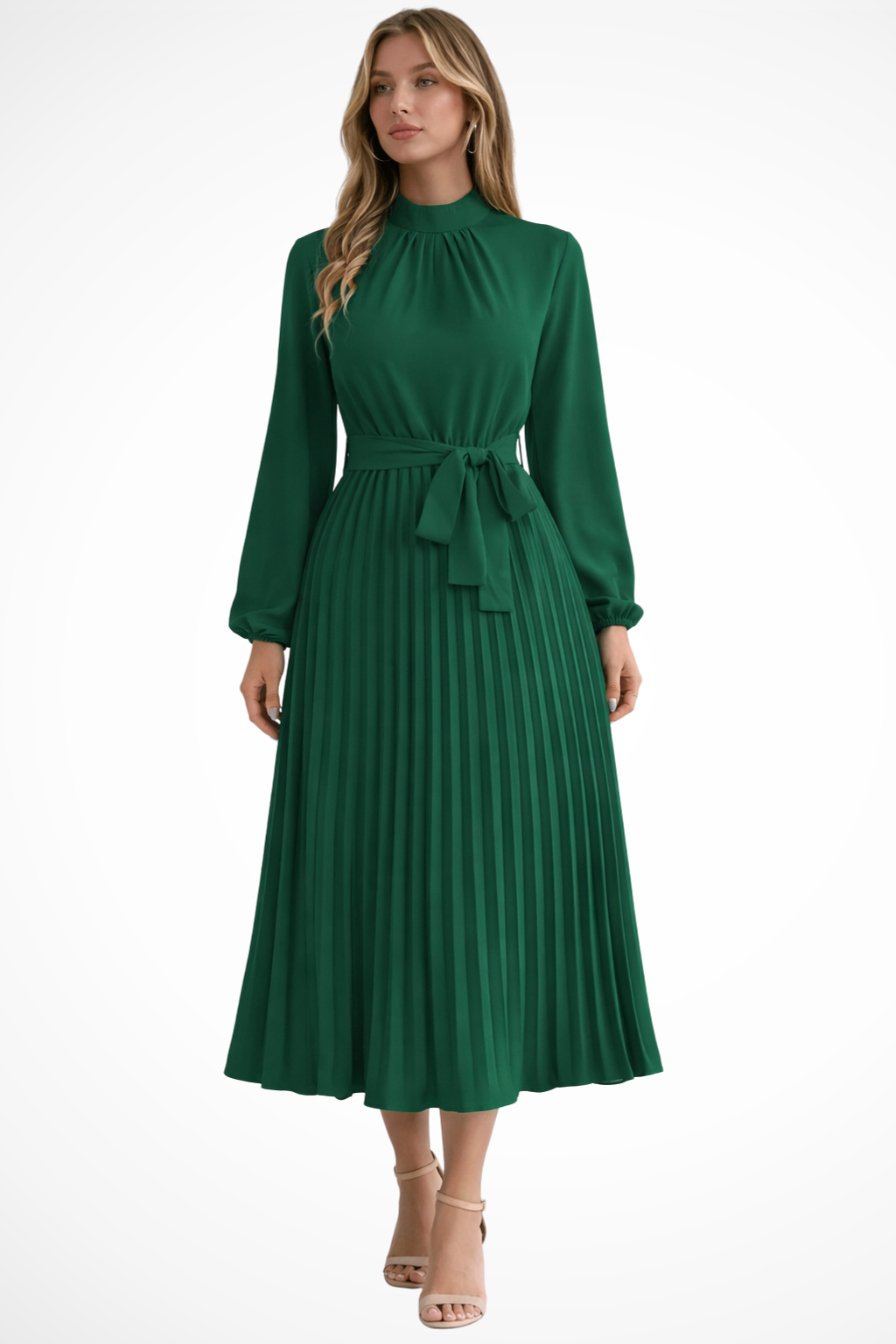 Harriet | Women’s Long Sleeve Pleated Midi Dress with Belt