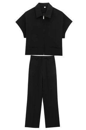 Elvona | Women Short Sleeve Zip Front Two Piece Set with Wide Leg Trousers