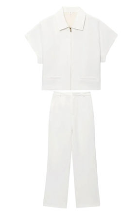 Elvona | Women Short Sleeve Zip Front Two Piece Set with Wide Leg Trousers