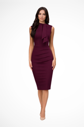 Katie | Women Sleeveless Midi Wedding Guest Dress with Draped Front Detail