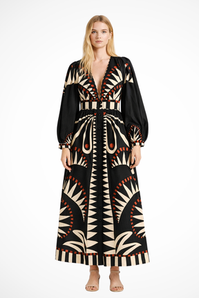 Thea | Women Long Sleeve V Neck Printed Tiered Maxi Dress