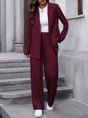 Women's Tailored Two Piece Suit Set - Double Breasted Blazer and Wide-Leg Pants