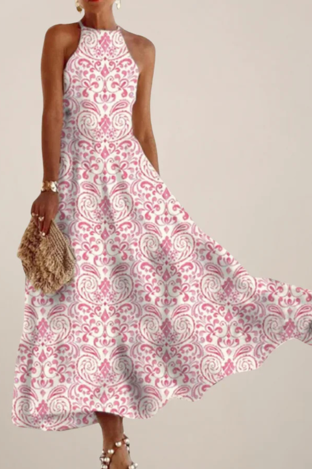 Aurelin | Women Sleeveless A Line Maxi Dress with Halter Neck