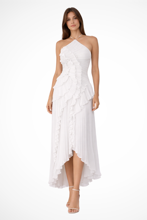 Imogen | Women’s Sleeveless Halter Backless Ruffled Maxi Summer Wedding Guest Dress