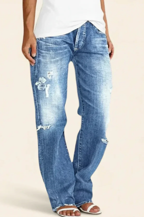 Paige | Women Distressed Mid Rise Straight Leg Jeans