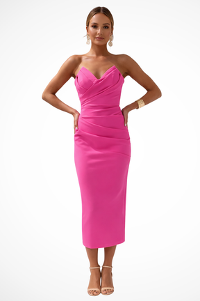 Genevieve | Women Strapless Sweetheart Neckline Ruched Midi Dress