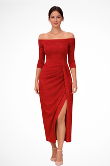 Mirelle | Women’s Off Shoulder Ruched Midi Wedding Guest Dress with Front Slit