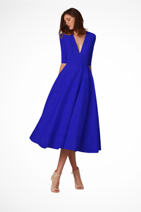 Roselle | Women Deep V Neck Half Sleeve Fitted Flared Midi Dress