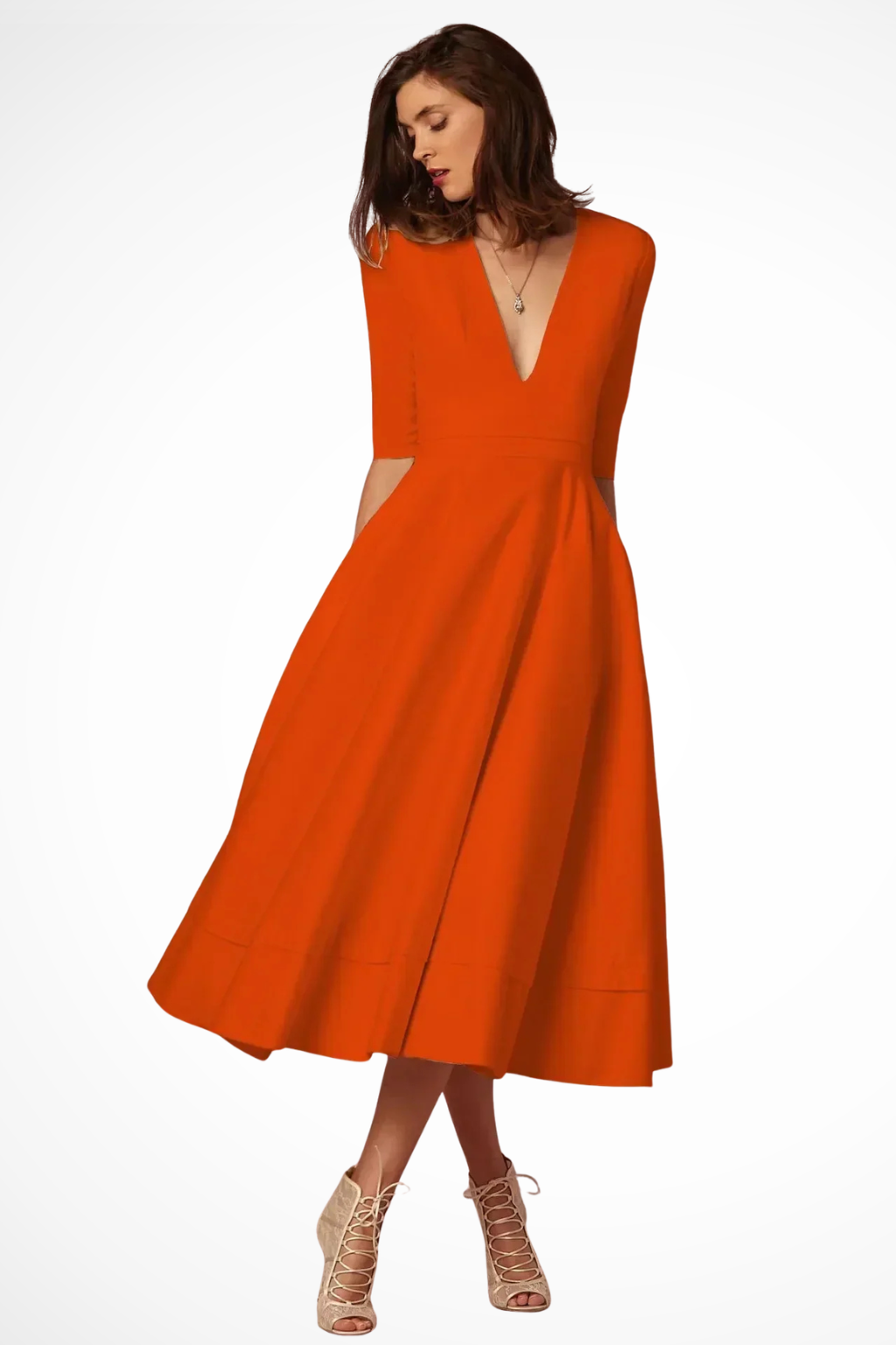 Roselle | Women Deep V Neck Half Sleeve Fitted Flared Midi Dress