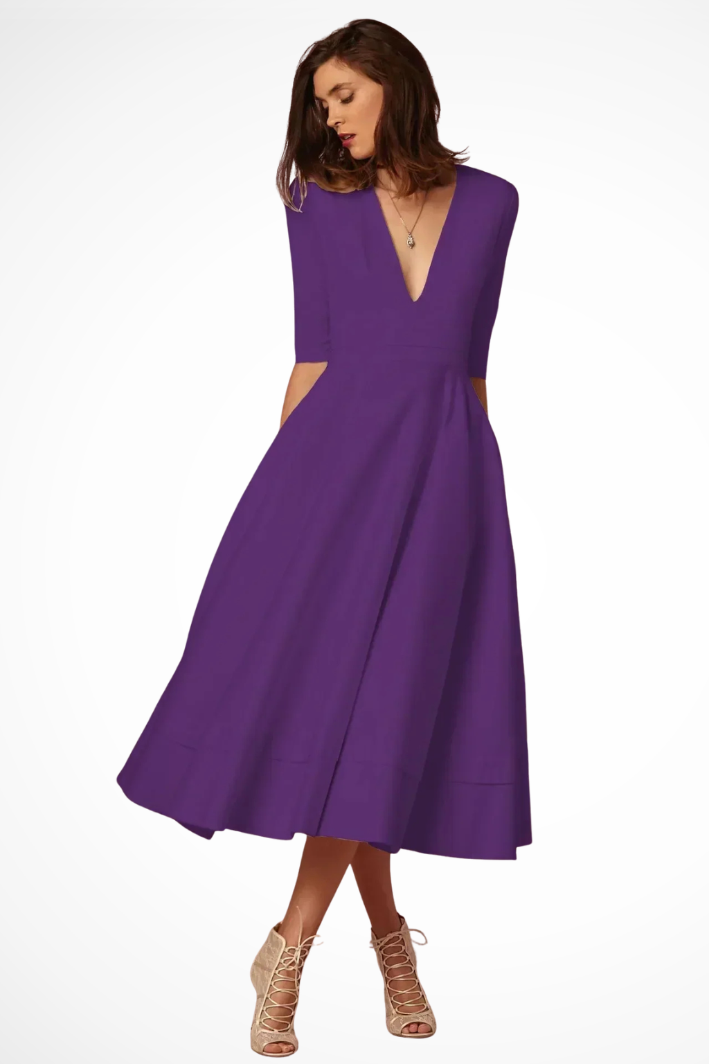 Roselle | Women Deep V Neck Half Sleeve Fitted Flared Midi Dress