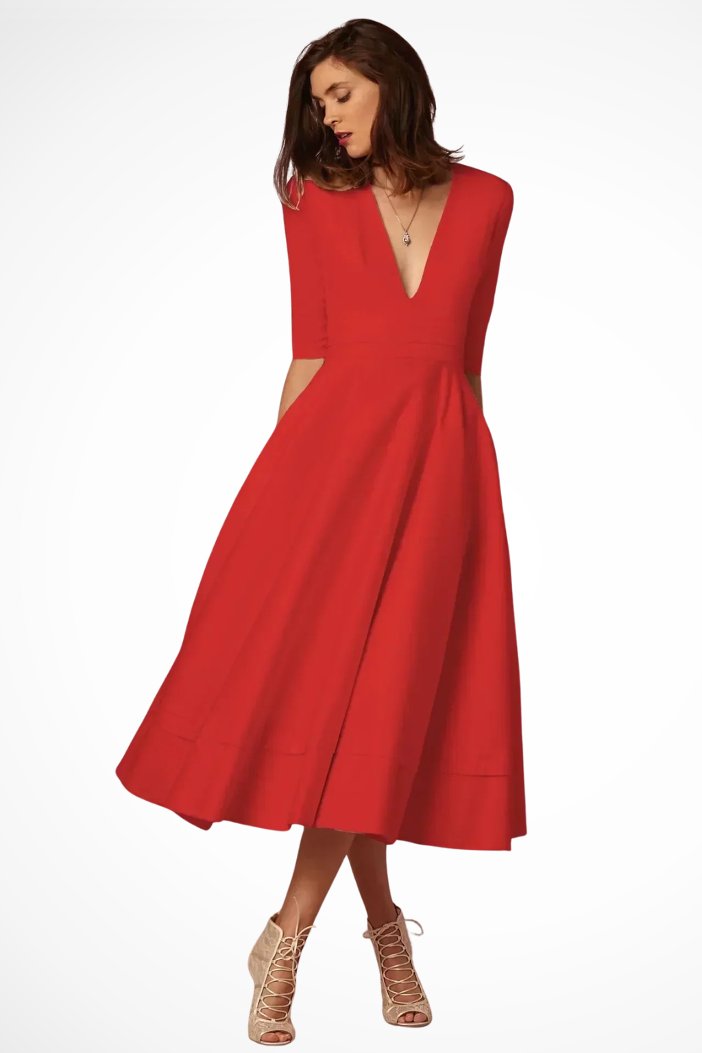 Roselle | Women Deep V Neck Half Sleeve Fitted Flared Midi Dress